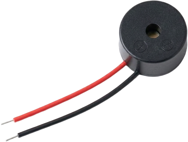 A small black piezo buzzer with red and black wires